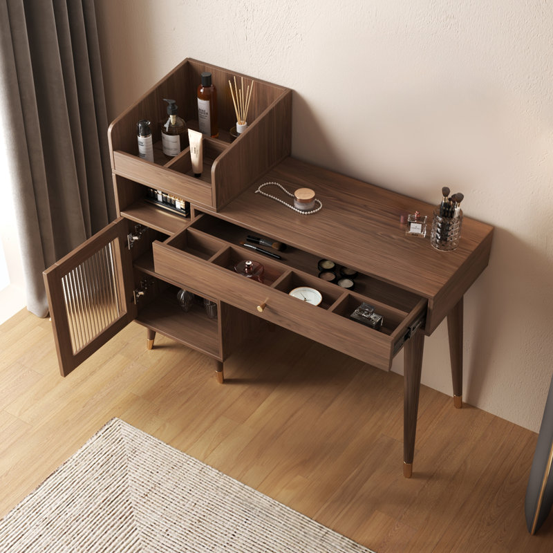  Ismar Walnut Storage Makeup Vanity Adjustable Desk,Dressing Table with Solid Wood Legs, Brown