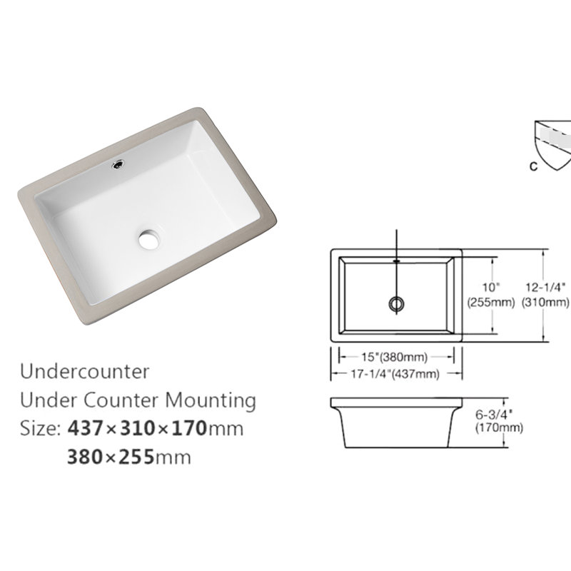 Ceramic Rectangular Undermount Sink 18"x12" With Overflow - White, Sleek, Stain- For Multiple Locations White Undermount, Stylish, Acid-