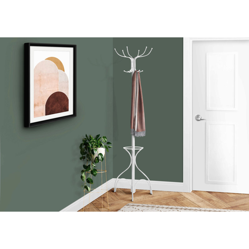 Coat Rack, Hall Tree, Free Standing, 12 Hooks, Entryway, 70"H, Umbrella Holder, Bedroom, White