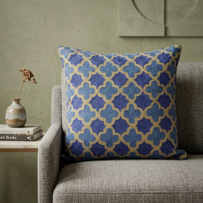 Coussin décoratif en laine quadrilobe bleu et brun 20 "avec broderie