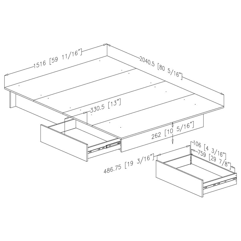 Sleek Pure White Full/Double Platform Bed with 2 Storage Drawers
