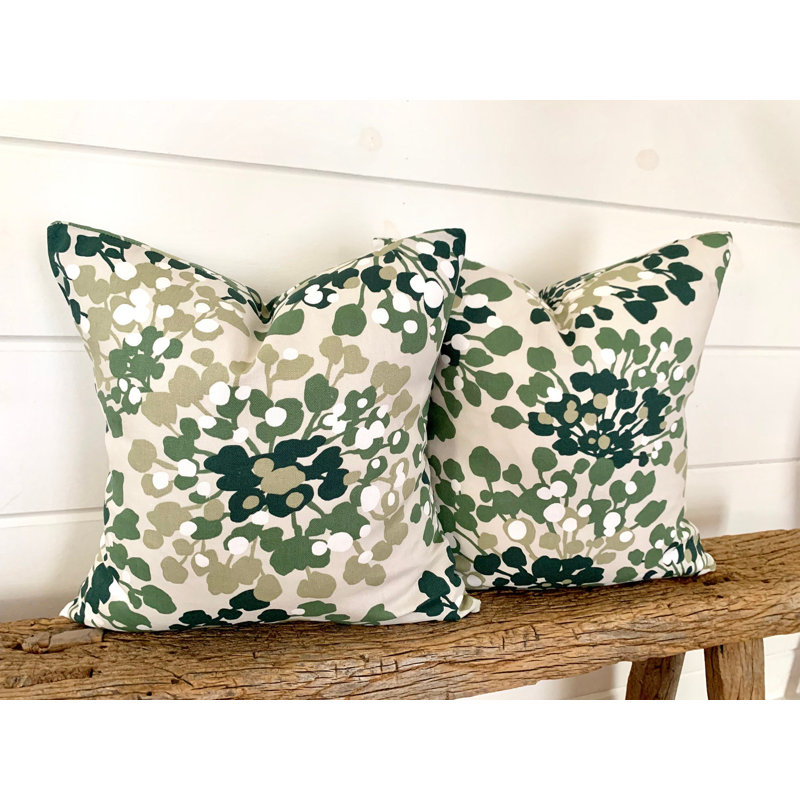  Housse de coussin en coton, Floral, 15,5 po x 15,5 po, Vert/blanc
