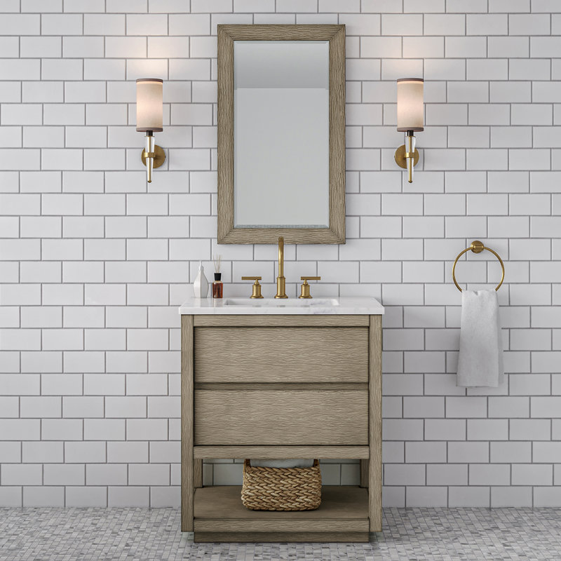 Oakman 30 In. Double Sink Carrara White Marble Countertop Bath Vanity In Grey Oak With Gold Faucets, Satin Gold