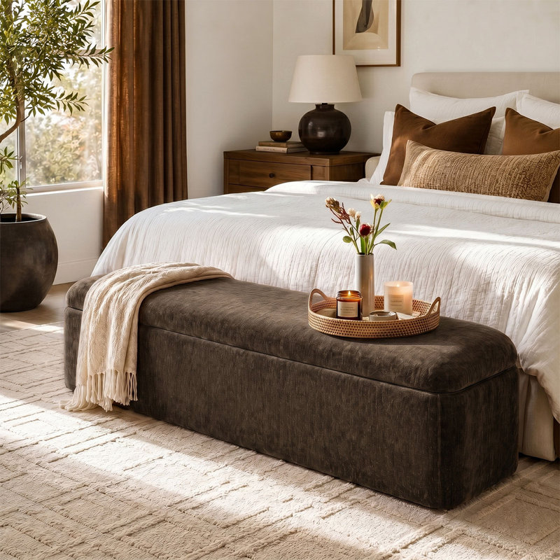 Banc de rangement rembourré 60 "avec dessus relevable, banc de rangement avec repose-pieds, Brown
