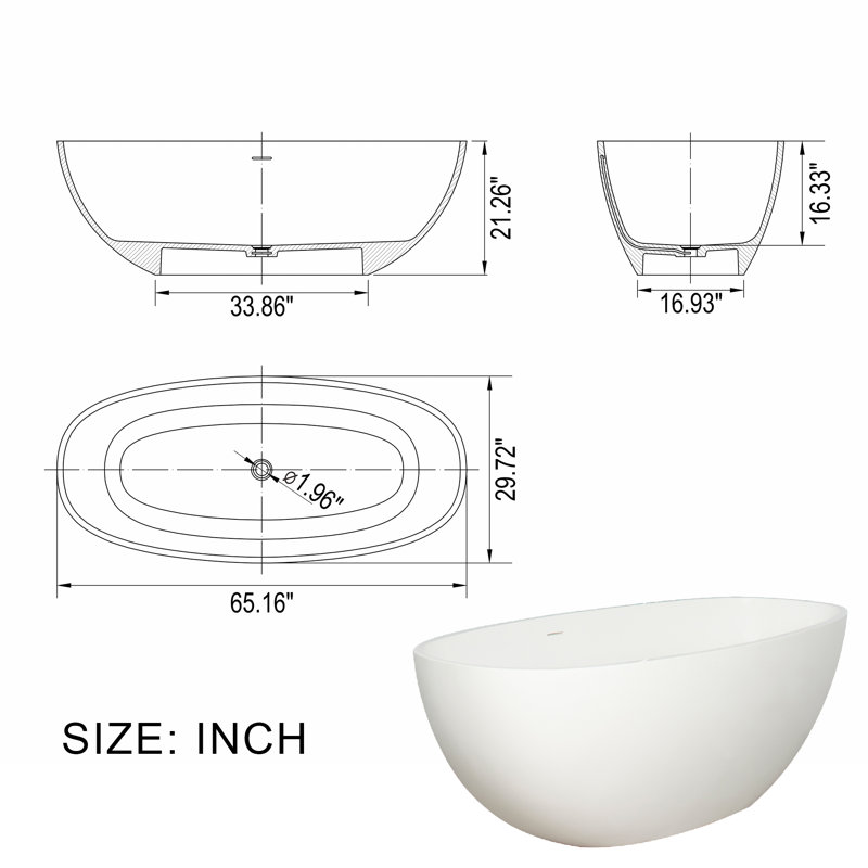 Baignoire de trempage autoportante 65,2 po. X 29,7 po. 65,2 po. X 29,7 po.