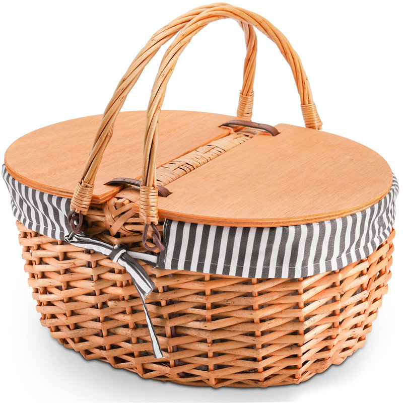 Lined Picnic Basket - Wicker Picnic Basket With Wooden Split Lid - Vintage Style Large Woven Basket With Double Folding Handles