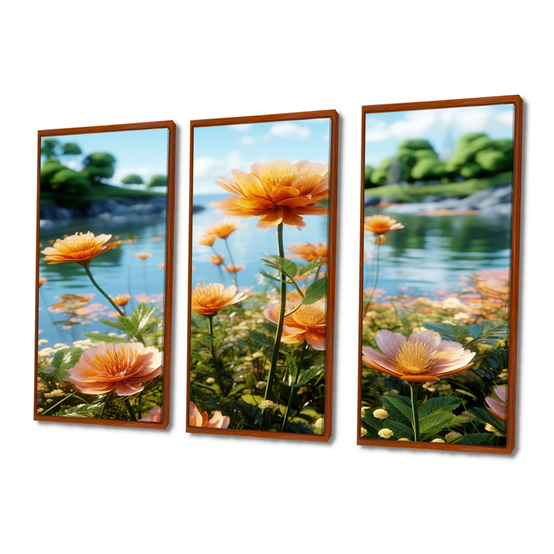 «Vibrant Orange Flower By Summer River», ensemble de reproductions d'art mural, Cadre flottant brun