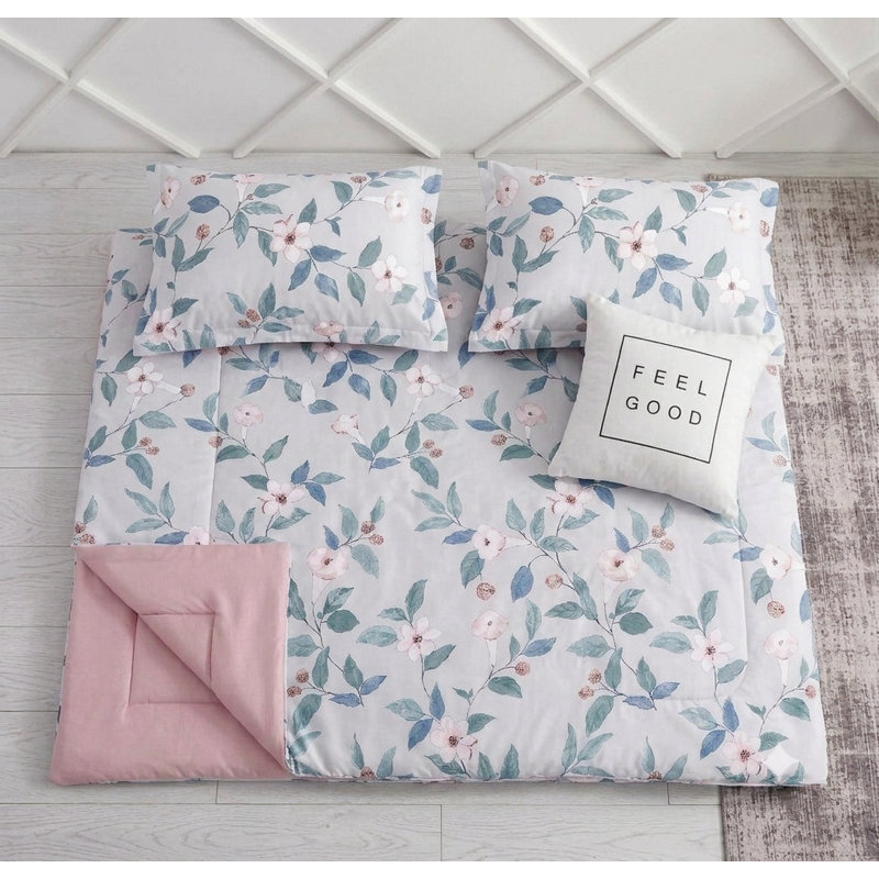 Cotton Twill Floral Comforter, Queen Comforter + 2 Standard Shams, Gray/Green/Red
