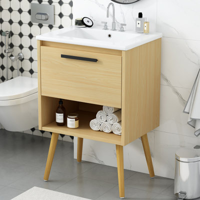 Meuble-lavabo 24 po avec lavabo, armoire de salle de bain multifonctionnelle avec tiroir, panneau de fibres à densité moyenne