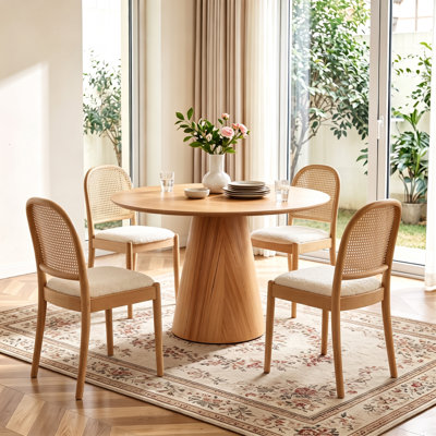 Ensemble de 2 chaises de salle à manger en rotin, chaises de salle à manger rembourrées en lin avec dossiers, chaises de cuisine modernes avec pieds en bois pour la salle à manger