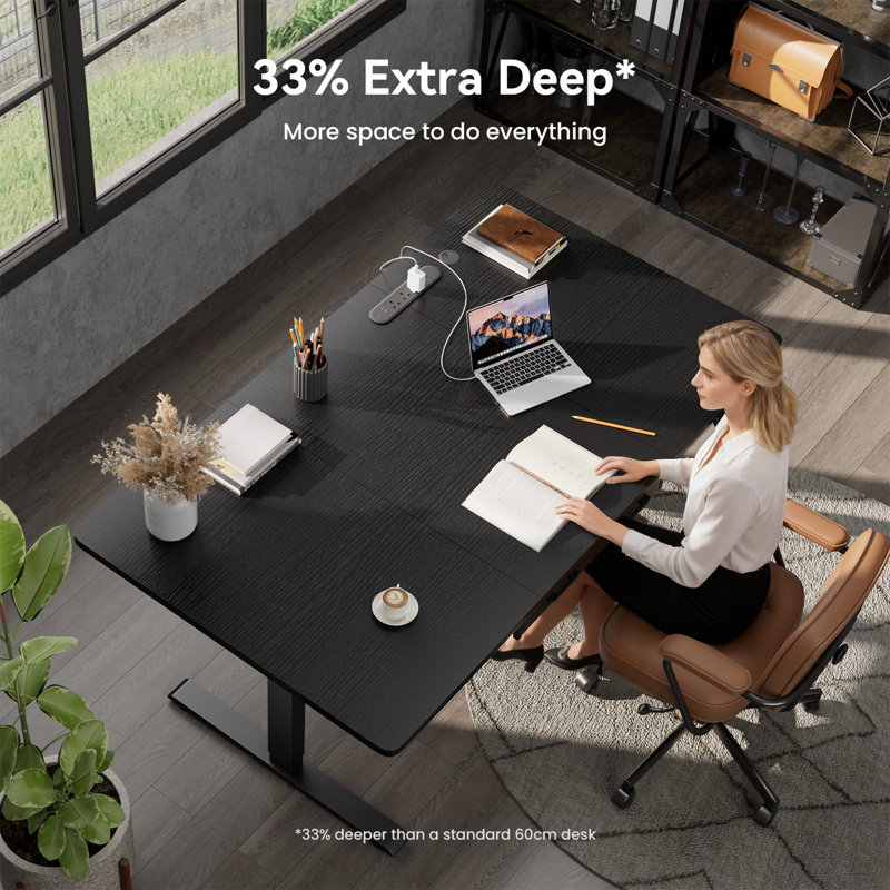 Adjustable Height Steel Standing Desk with Built-In Electrical Outlet, 140cm W x 80cm D, Black/Black