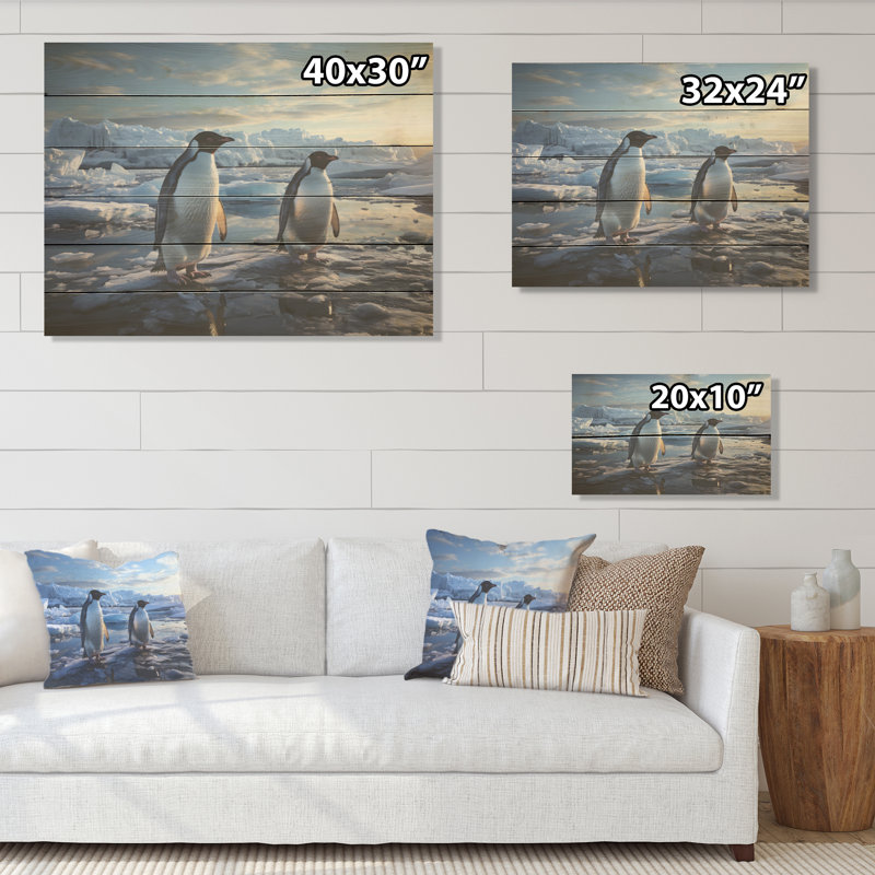 Pingouin se dandinant d'élégance I - art sur bois de pin pingouin naturel, H 10 po x l 20 po