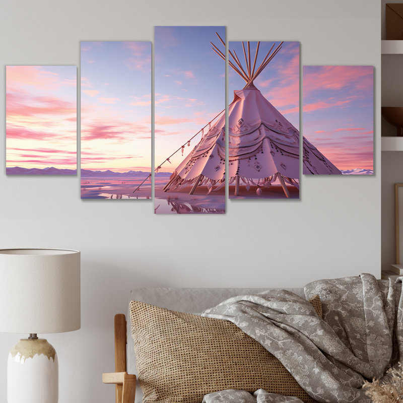 Native Tipi Dreamcatcher Whispers I - salon d'art mural amérindien - 5 panneaux