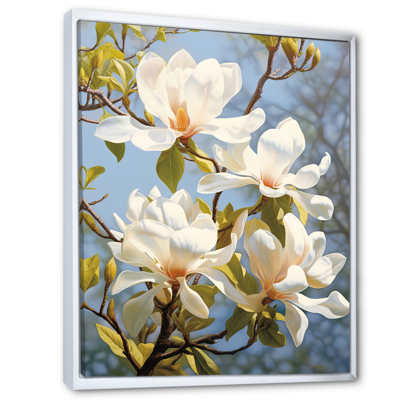 White Yellow Magnolias Magnolia Bliss Ii - Floral Wall Art Living Room, H 32 po x l 16 po x P 1 po, Cadre flottant blanc