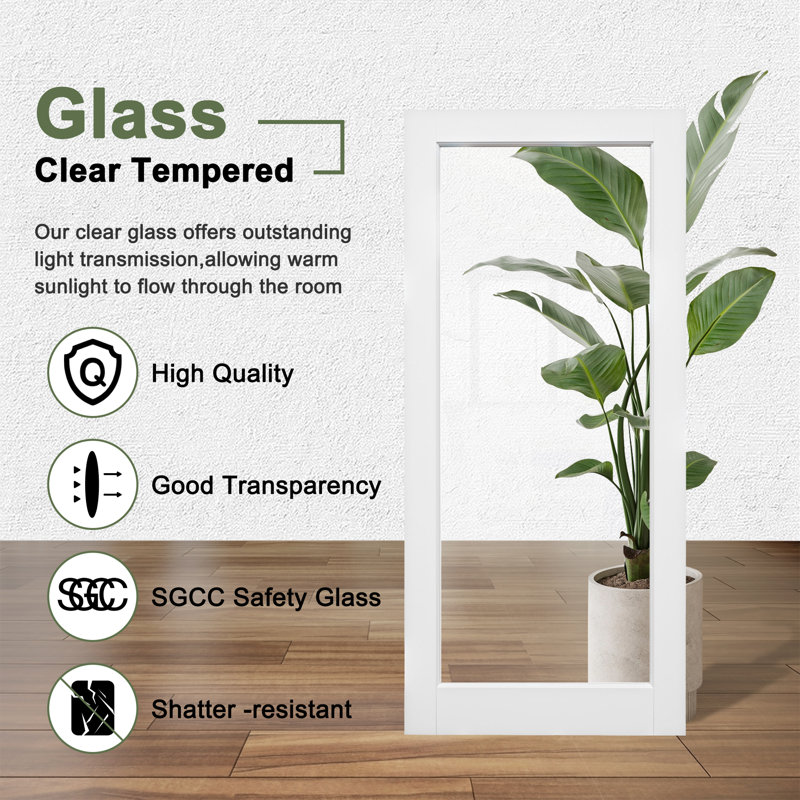 Porte en verre clair 32 "x80" 1-Lite, porte intérieure en verre trempé fritté en céramique, apprêté blanc / préfini, porte française à âme solide, porte de garde-manger, porte de placard