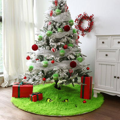 Jupe d'arbre de Noël: jupe d'arbre de Noël en fausse fourrure de Noël de 48 pouces avec une tête amusante, couverture d'arbre texturé flou vert luxuriant moelleux, décoration de Noël douce pour la fête à la maison des arbres artificiels, vert