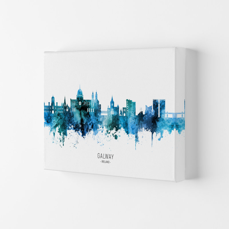 Galway Ireland Skyline Blue City Name by Michael Tompsett - Print, 59.4cm H x 84cm W x 4cm D, Wrapped Canvas