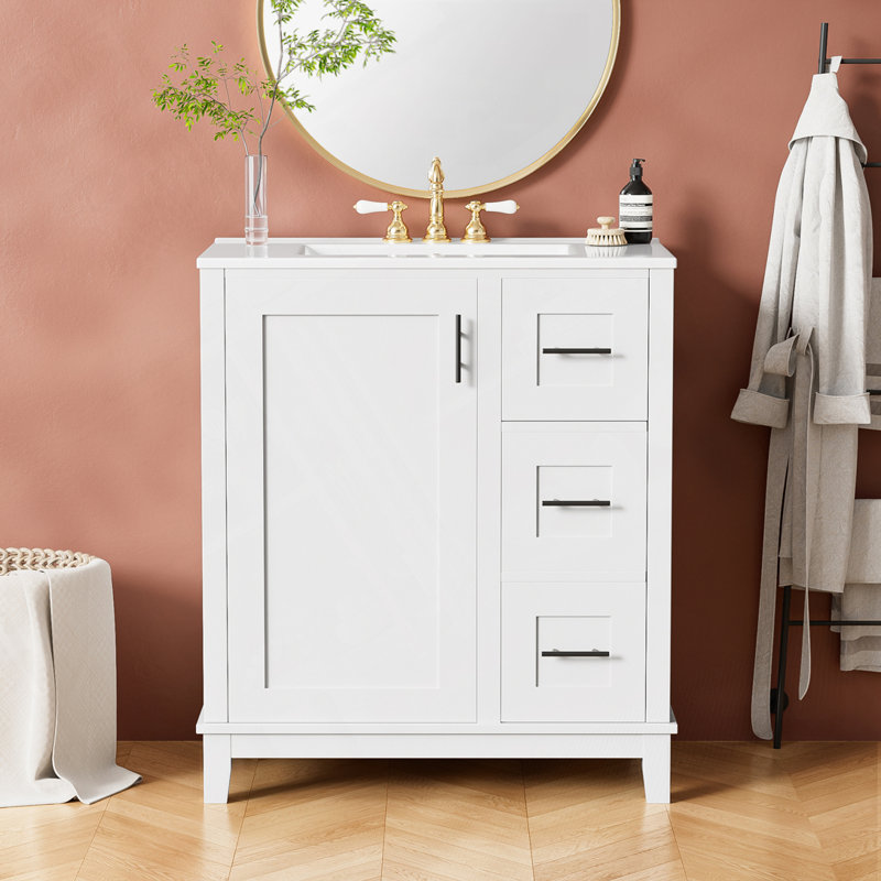 Meuble-lavabo de salle de bain avec lavabo en céramique et 3 tiroirs, Blanc