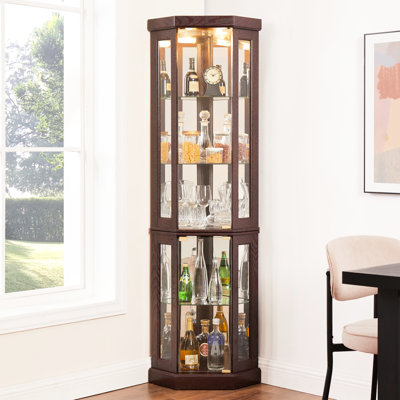 Armoire de coin de salon en cerisier foncé - vitrine en verre avec tablettes réglables et portes vitrées lumineuses
