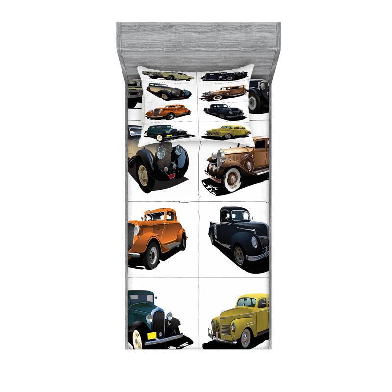Twin White Microfiber Sheet Set with Vintage Car Print