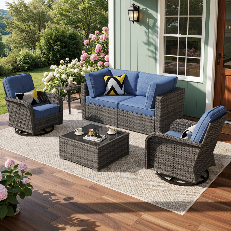 4 - Person Patio Conversation Set with Cushions, Blue, No