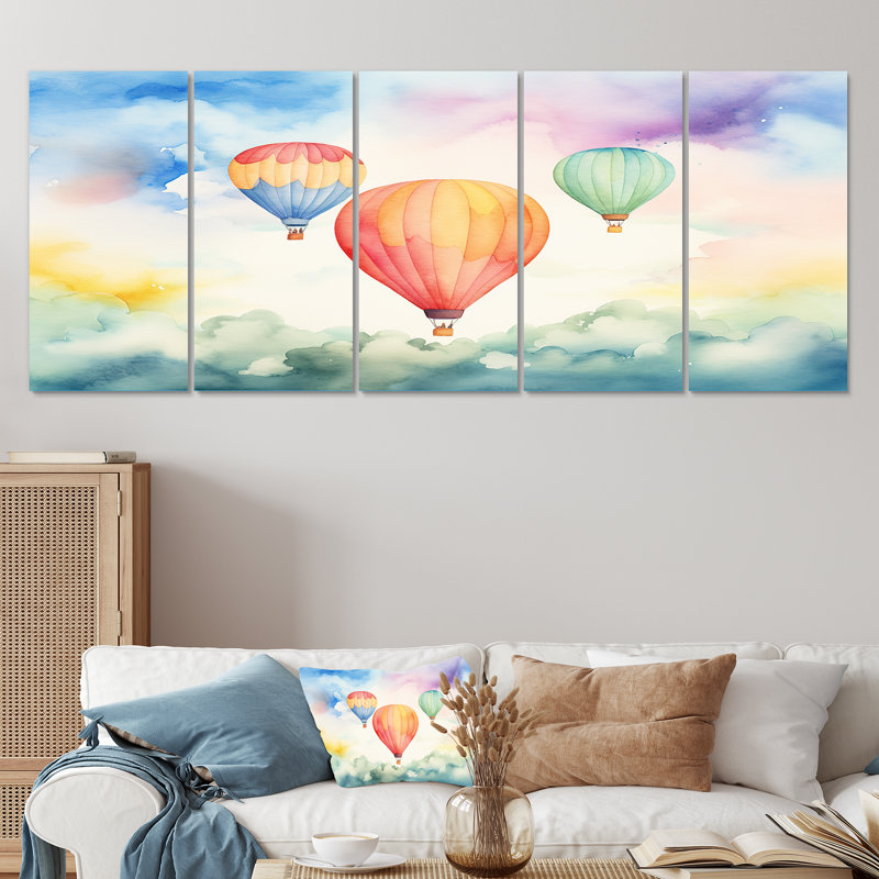 Aquarelle verte et rouge montgolfière Horizon III - montgolfière, 5 pièces, H 32 po x l 80 po