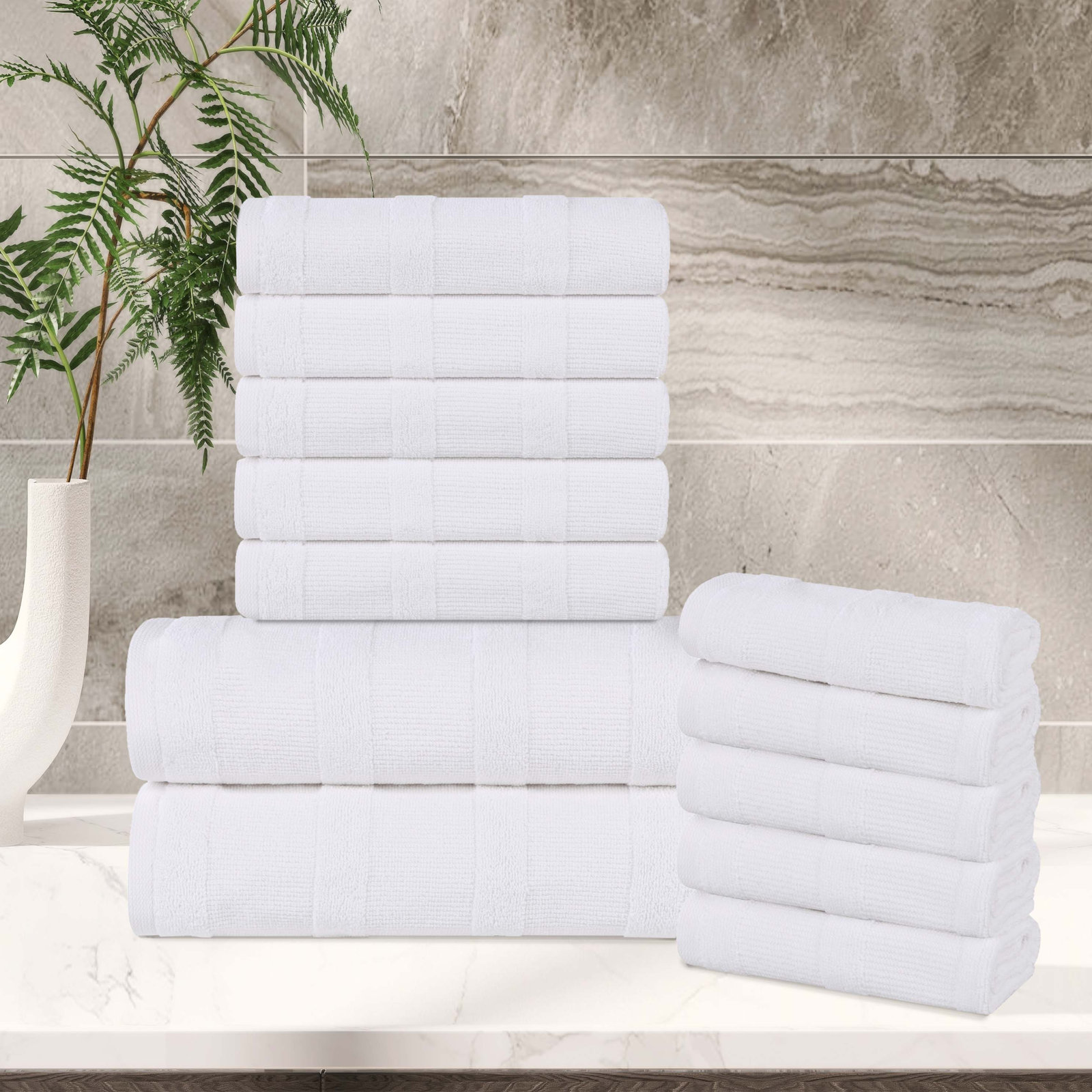 Oilton 12-Piece Ribbed Cotton Bath Towel Set, White