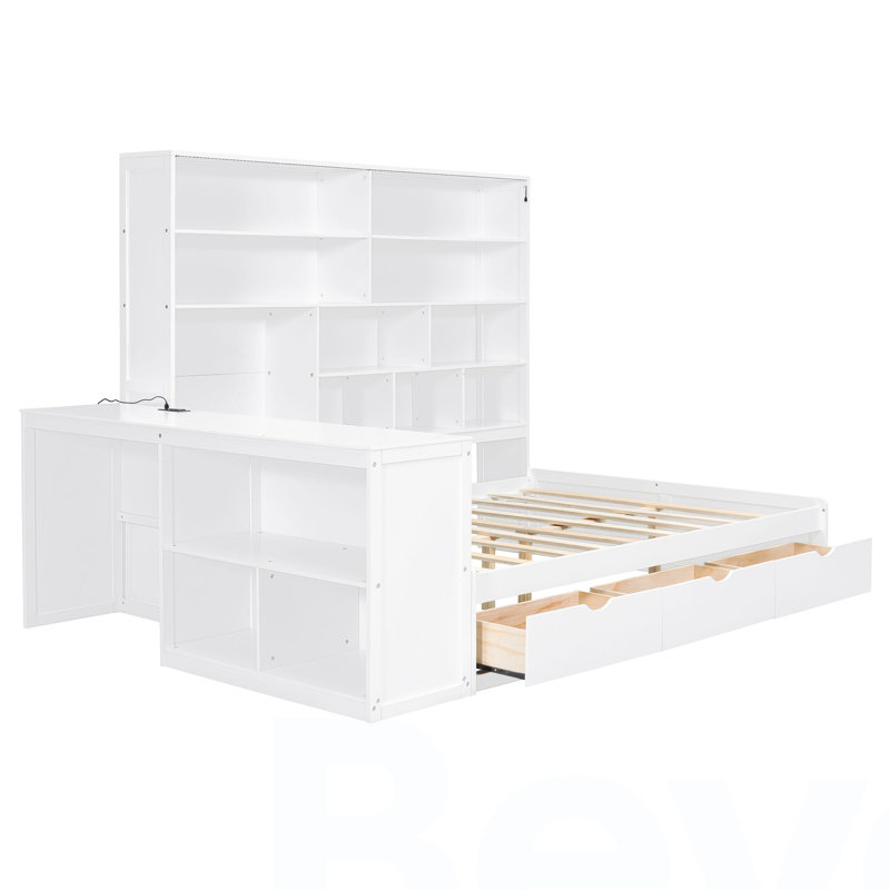 Lit de jour double en bois avec trois tiroirs, bureau, tablettes et lumières, blanc, Blanc
