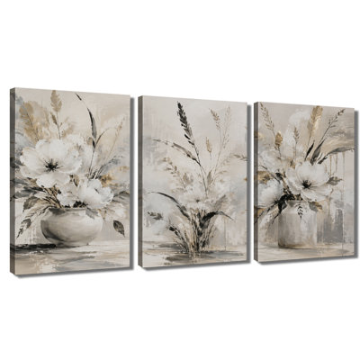 Tableau à trois panneaux, nature morte florale avec vase neutre, impression sur toile tendue