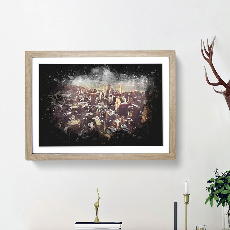 Flying over the Chicago Skyline - Picture Frame Graphic Art Print, 62cm H x 87cm W x 2cm D, Oak Framed