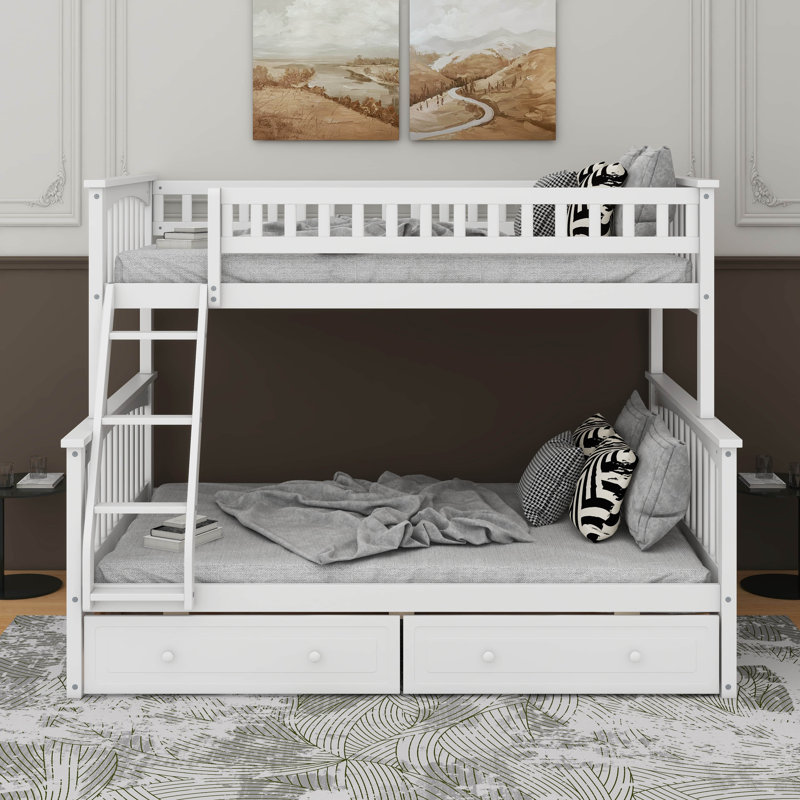 Lit simple superposé au dessus d'un lit double avec tiroirs, Blanc