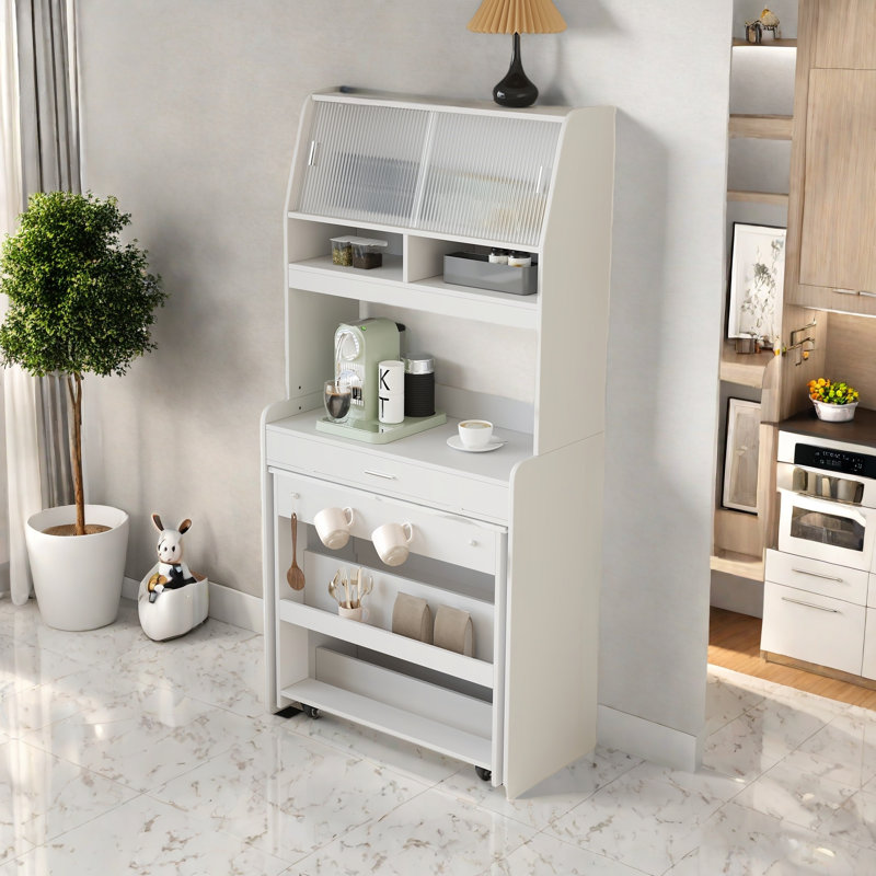 Buffet With Hutch And Foldable Dining Table, Storage Shelves, Side Hooks And A Cabinet With Sliding Doors