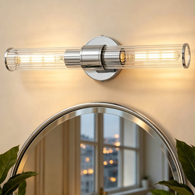 Almetta 2 - Light Chrome Bathroom Dimmable Vanity Light With Stripes Glass Shade Bath Bar Fixtures