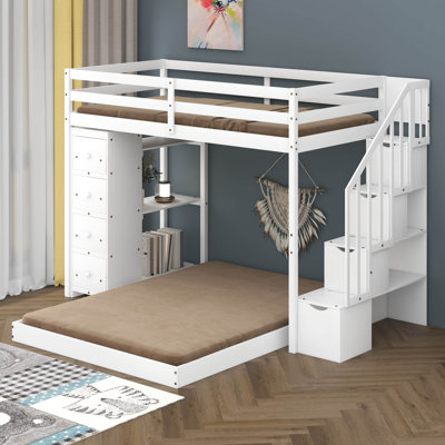 Lit simple superposé au dessus d'un lit double avec tablettes, tiroirs et escalier de rangement