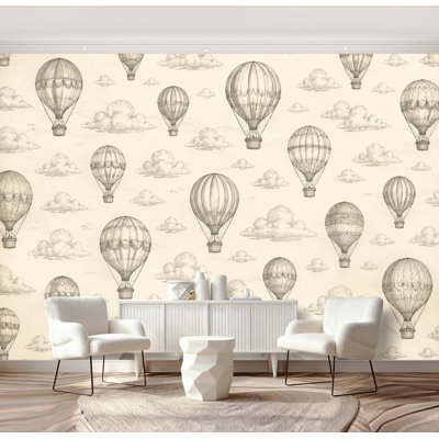 Papier peint adhésif vintage à motif de montgolfières et de nuages ​​aux tons sépia, 175 cm (H) x 244 cm (L), amovible, en PVC, pour chambre, salon ou bureau.