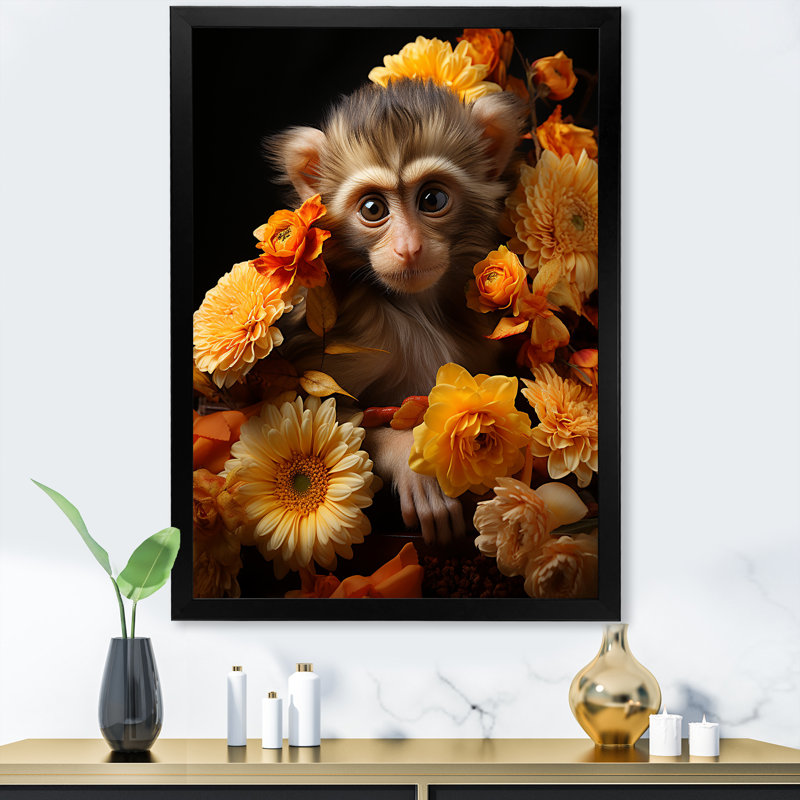 Jaune automnal, palette de singe - art mural singe, Cadre simple noir, H 20 po x l 12 po x P 1 po