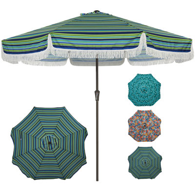 Parasol de terrasse à franges 10 pi Boho - Protection UV50 + contre le soleil - 8 côtes en fibre de verre et inclinaison à manivelle - Parasol de marché extérieur coupe-vent pour le jardin, la terrasse, la piscine, la cour - Rayures bleu-vert