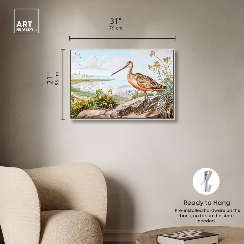 "River Bank Bird", reproduction d'art sur toile par Art Remedy, Cadre argenté, H 20 po x l 30 po