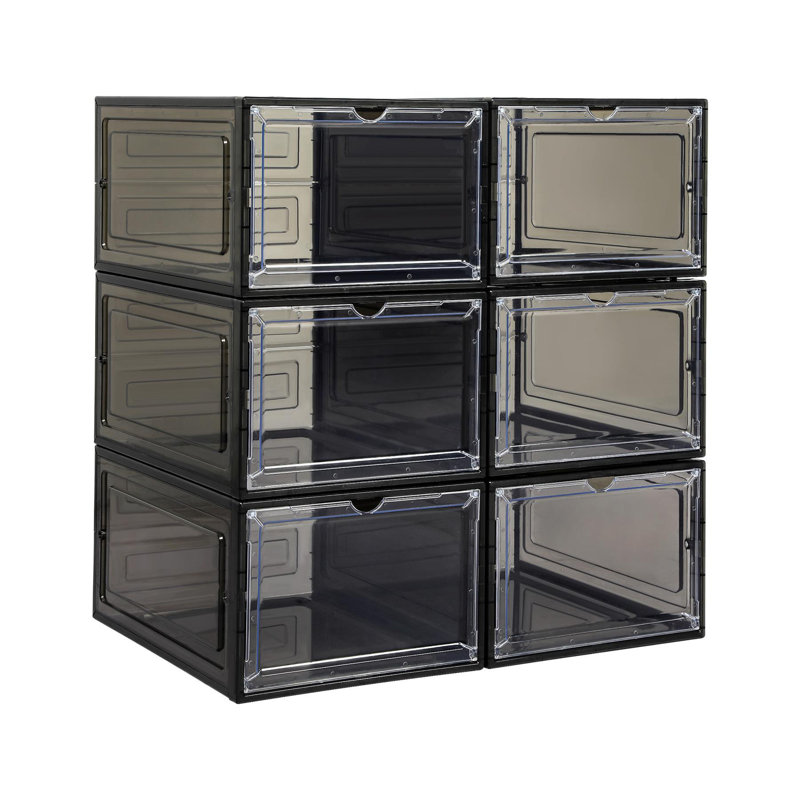 6 Pair Stackable Shoe Storage Box, Black