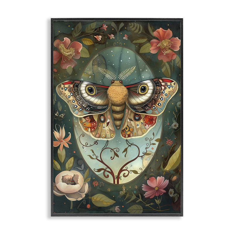 Ornate Botanicals & Moth, giclée encadrée, design par The Dutch Lady, H 18 po x l 12 po, Giclée encadrée noir minuit