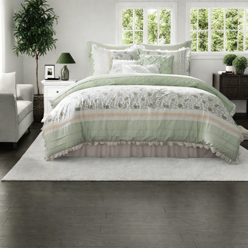 -piece Premium Cotton Bedding Sets, Sage Green Floral Comforter