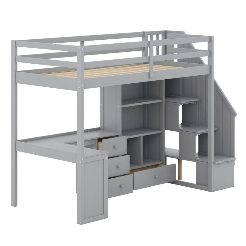 Philippa Kids Twin Loft Bed with Drawers, Gray
