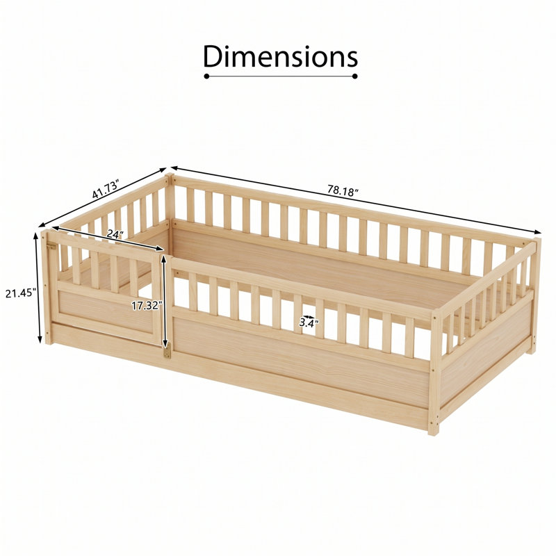  Lit sur pied en bois de taille Montessori avec barrière et porte haute sécurité, structure de lit pour enfant avec fabrication intégrée