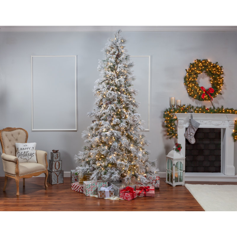 9' Green Pine Artificial Christmas Tree with 900 White Lights with Stand, 9' H