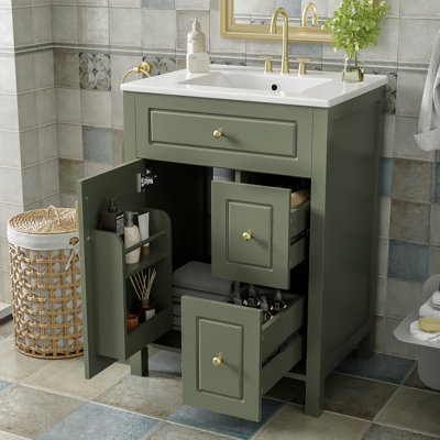 24-Inch Bathroom Vanity With Ceramic Sink, 1 Soft Close Door, 2 Soft Close Drawers, And Double Storage Racks On The Door