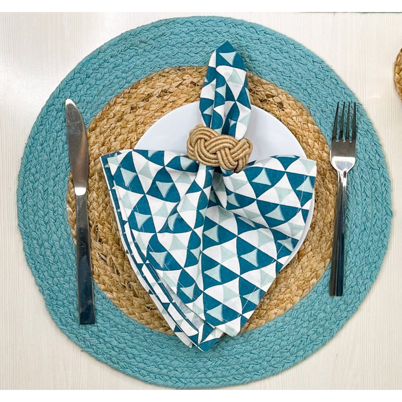 Ensemble de 6 serviettes de table triangulaires, Bleu sarcelle / Blanc