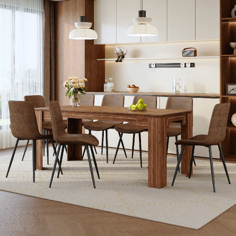 71" Wood Finish Dining Table Set For 6/8, Modern Rectangular Kitchen & Dining Room Set With PU Leather Chairs, Brown/Black