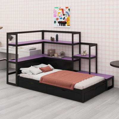Multifunctional Bed Frame with Desk, LED Lights, and Side Charging Station for Gamers