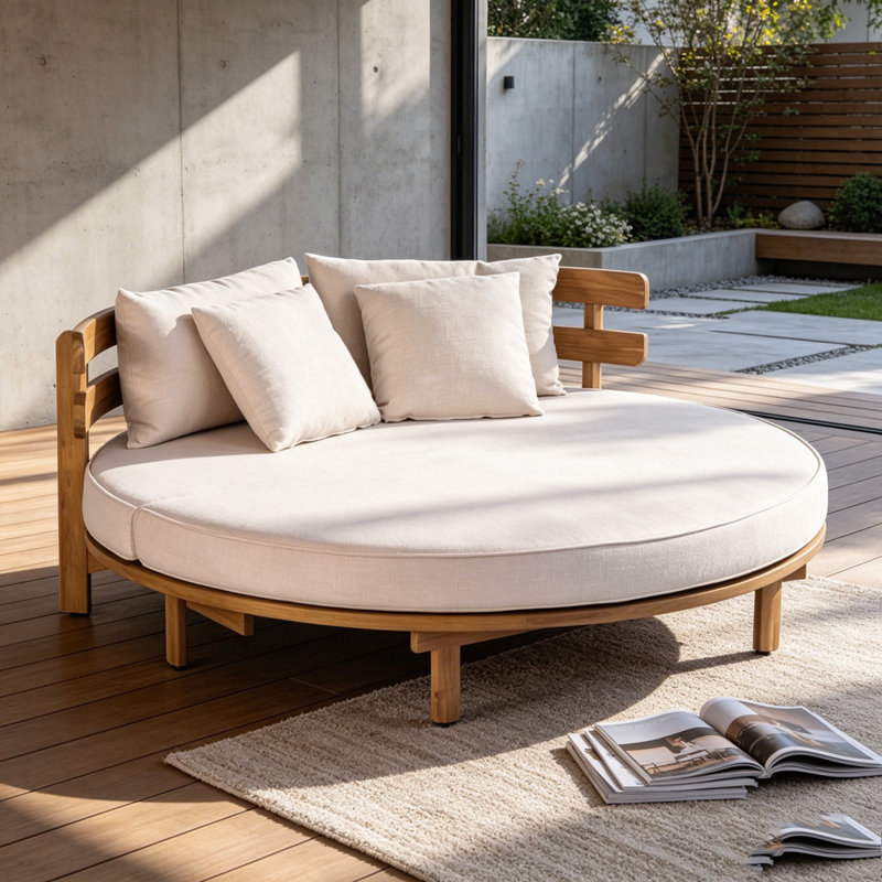 Outdoor Acacia Wood Round Daybed, Patio Lounger with Curved Slatted Backrest, Cushion and 4 Pillows