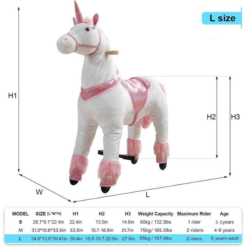 Ride On Unicorn Toy pour enfants et adultes, Ride On Unicorn, peluche mécanique, sans pile ni électricité, Rose